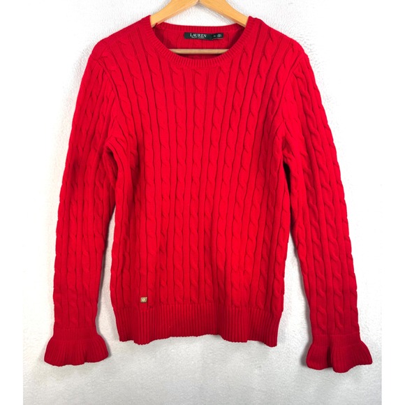 Lauren Ralph Lauren Red Cable Knit Ruffle Cuff Sweater preppy academia sz XL - Picture 2 of 9